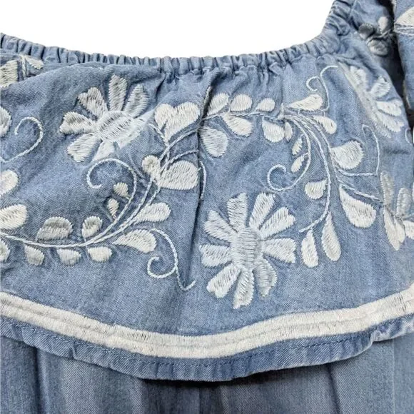 REBECCA MINKOFF Dev Off Shoulder Chambray Lyocell Embroidered Dress M - Picture 3 of 8